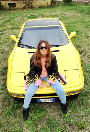 90S LEATHER COAT WITH HANDPAINTED FLAMES