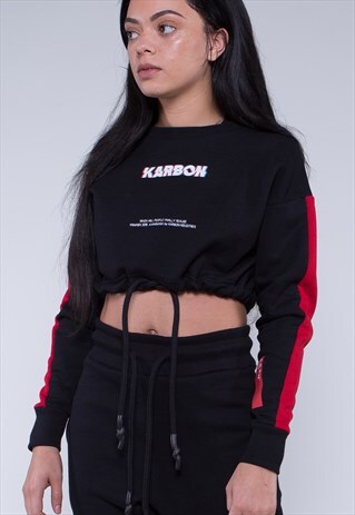 BLACK CROPPED SWEATSHIRT WITH SLEEVE PANEL AND CHEST LOGO