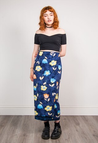 VINTAGE 90'S BLUE FLORAL PATTERN REVERSIBLE MIDI SKIRT