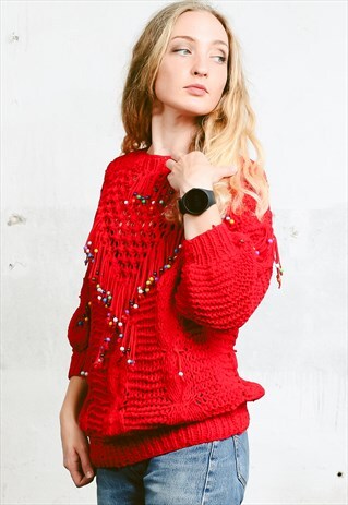 VINTAGE 90S RED JUMPER WITH FRINGE AND BEADS