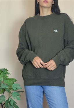 Vintage Champion Sweatshirt Jumper w Logo Front Khaki Green