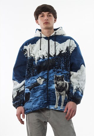 VINTAGE WOLFES GRAPHIC PRINTED FULL ZIP JACKET 90S BLUE