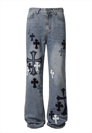 Cross patchwork jeans applique denim pants bleached joggers