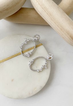 Silver Diamante Drop Rhinestone Hoop Circle Earrings