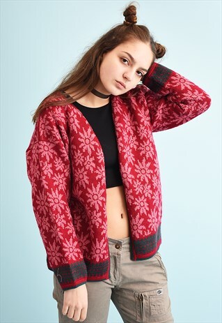 90'S RETRO FLORAL PATTERN OVERSIZED OPEN FRONT KNIT CARDI
