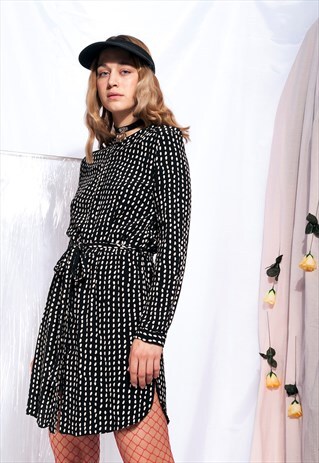 VINTAGE SHIRT DRESS 90S MONOCHROME POLKA DOT BUTTON UP DRESS