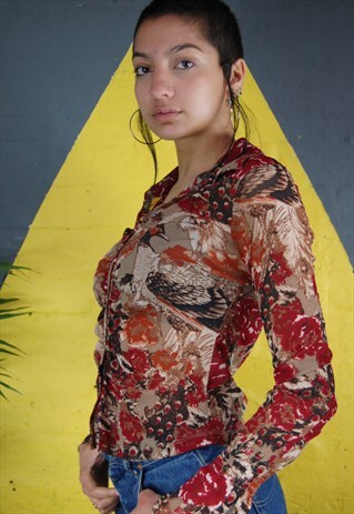 Y2K RED SHEER BLOUSE WITH FLORAL AND BIRD DESIGN