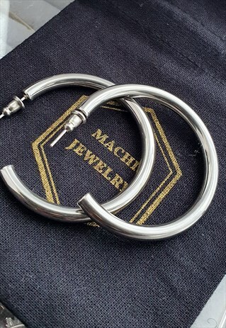SILVER STEEL HOOP EARRINGS CLASSIC Y2K