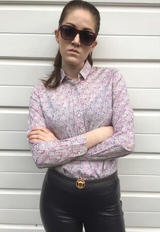WOMENS VINTAGE 80S FLORAL SHIRT LONG SLEEVE PURPLE BLOUSE