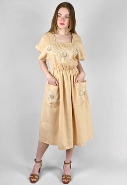 70's Cream Ladies Linen Cotton Hand Embroidery Midi Dress