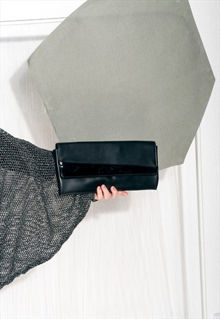 VINTAGE CLUTCH 70S BLACK FAUX LEATHER PURSE HANDBAG