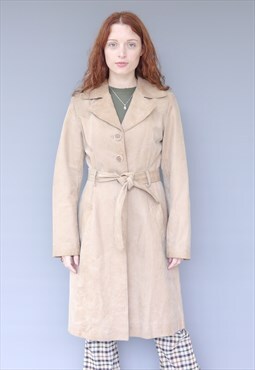 Vintage Y2K tan leather belted trench midi coat 