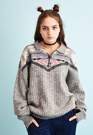 90'S RETRO OVERSIZED ETHNIC PRINT JAZZY KNIT JUMPER
