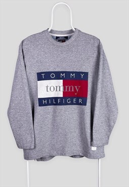 Vintage Tommy Hilfiger Grey Sweatshirt Spell Out Flag Logo M