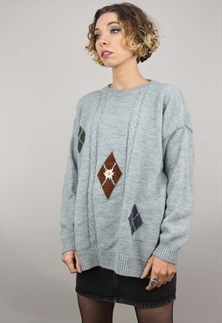 VINTAGE 80S 90S OVERSIZED PATTERNED KNIT JUMPER