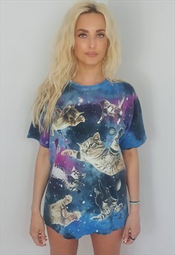 Vintage Unisex Cats in Space Graphic Tie Dye T-Shirt L