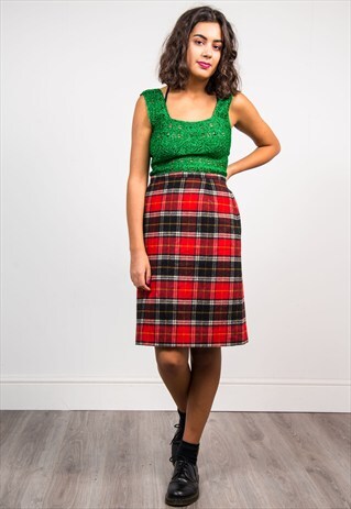 90'S VINTAGE RED TARTAN MIDI SKIRT