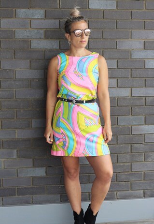 VINTAGE 1970S PRINTED NEON SLEEVELESS DRESS