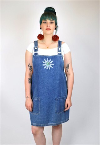 VINTAGE 90'S EMBROIDERED DENIM PINAFORE DRESS
