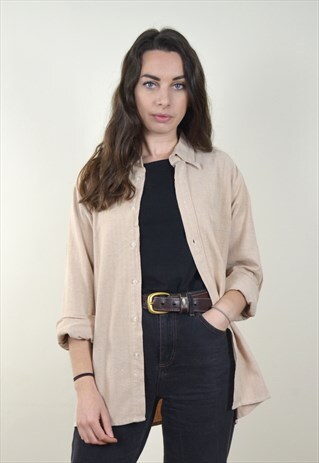 90S VINTAGE BEIGE LONG SLEEVE FLANNEL SHIRT
