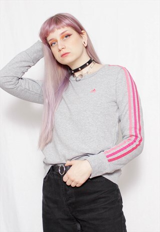 90S GRUNGE Y2K SPORTS ADIDAS GREY PINK COTTON SWEATER JUMPER