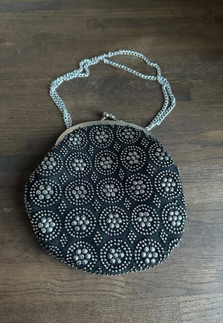 60's Vintage Black Fabric Bag Silver Embellishment 