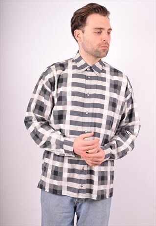 VERSACE MENS VINTAGE SHIRT XL GREY CHECK 90S