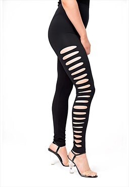 Slashed Side Cut Out Ladder Rip Legging Black Footless Pant