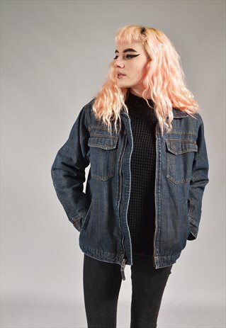 VINTAGE DARK BLUE ZIP UP SHERPA DENIM JACKET
