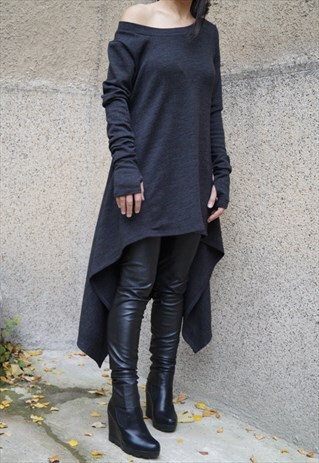 CHARCOAL SWEATER/KNIT DRESS/LOOSE/MAXI BLOUSE/F1528
