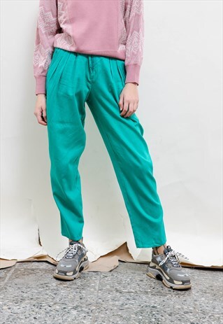 VINTAGE 80S AQUAMARINA GREEN PLEATED CARROT FIT TROUSERS XS