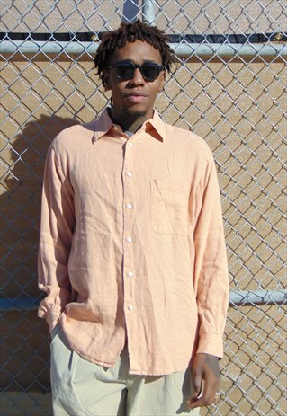 90S MINIMALIST CLASSIC LUXURY PEACHY PINK LINEN SHIRT LARGE