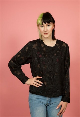 VINTAGE BLACK COLLARLESS BROCADE LEAF PATTERN SHEER BLOUSE
