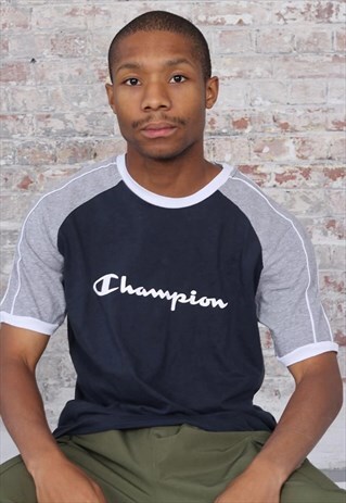 VINTAGE CHAMPION BIG LOGO SPELLOUT T-SHIRT NAVY GREY