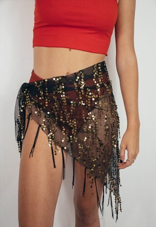 FESTIVAL SHAWL WRAP SKIRT BLACK WITH SEQUINS