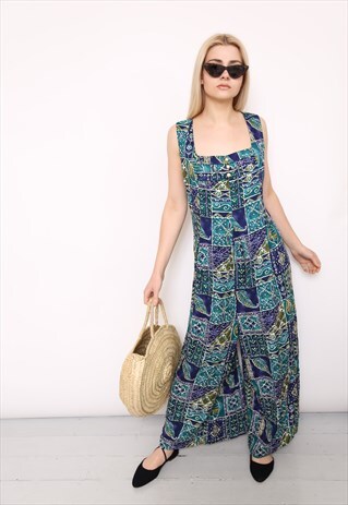 VINTAGE 80S GREEN LEAF PRINT JUMPSUIT
