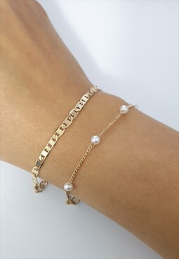 Simple Chain & Faux Beads Bracelets in Gold