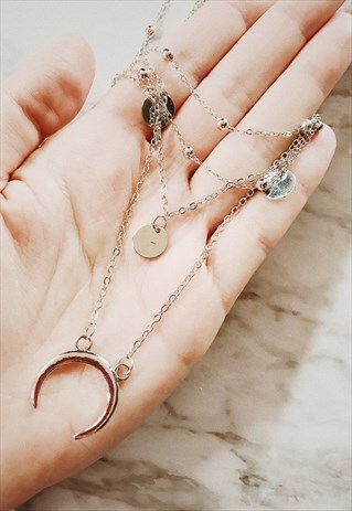 SILVER MULTI LAYER HORN CRESCENT MOON COIN CHOKER NECKLACE