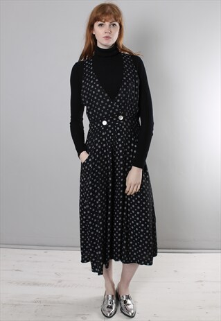 VINTAGE 90S BLACK PATTERNED PINAFORE PLEATED DRESS