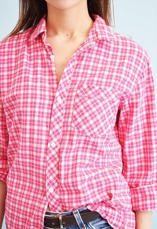 80'S RETRO PINK CHECKED OVERSIZED SHIRT TOP