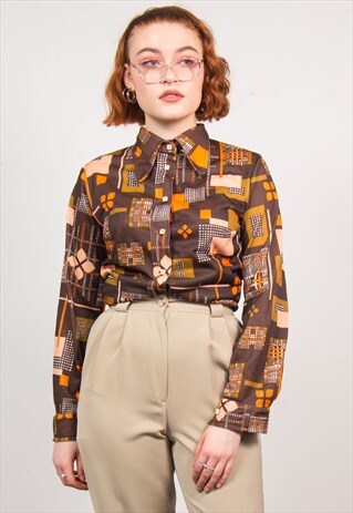 VINTAGE 70'S BROWN FLORAL PATTERN SHIRT