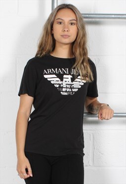Vintage Armani T-Shirt in Black with Spell Out Logo Medium