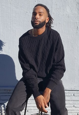 90S MINIMALIST LUXURY OVERSIZE BLACK CABLE KNIT JUMPER XL