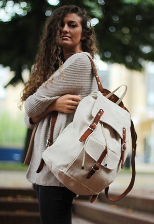 WHITE JUTE & LEATHER AVIATOR RUCKSACK BACKPACK