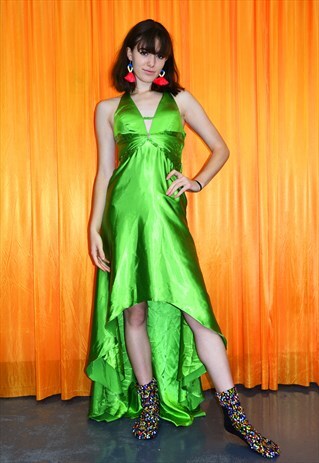 VINTAGE 70S MIDI DRESS GREEN SATIN BEADED HALTERNECK PROM