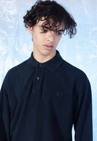 VINTAGE FRED PERRY NAVY LONG SLEEVED POLO TOP