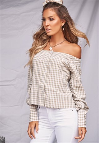 BEIGE GINGHAM LINEN TOP