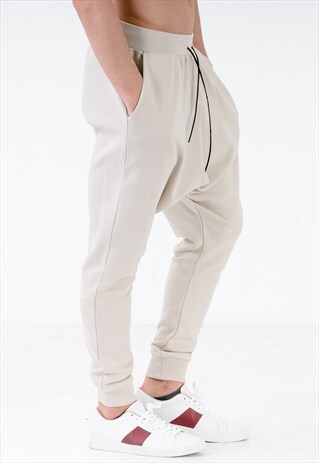 EXTREME DROP CROTCH JOGGERS IN CREAM WITH LEATHER DRAWSTRING