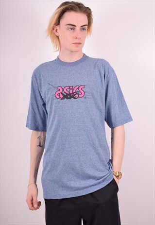 ASICS MENS VINTAGE T-SHIRT TOP MEDIUM BLUE 90S
