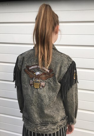 WOMENS VINTAGE HARLEY DAVIDSON GREY ACID WASH DENIM JACKET